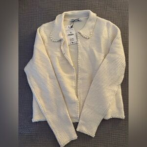 Zara Ivory Pearl-Trimmed Cardigan